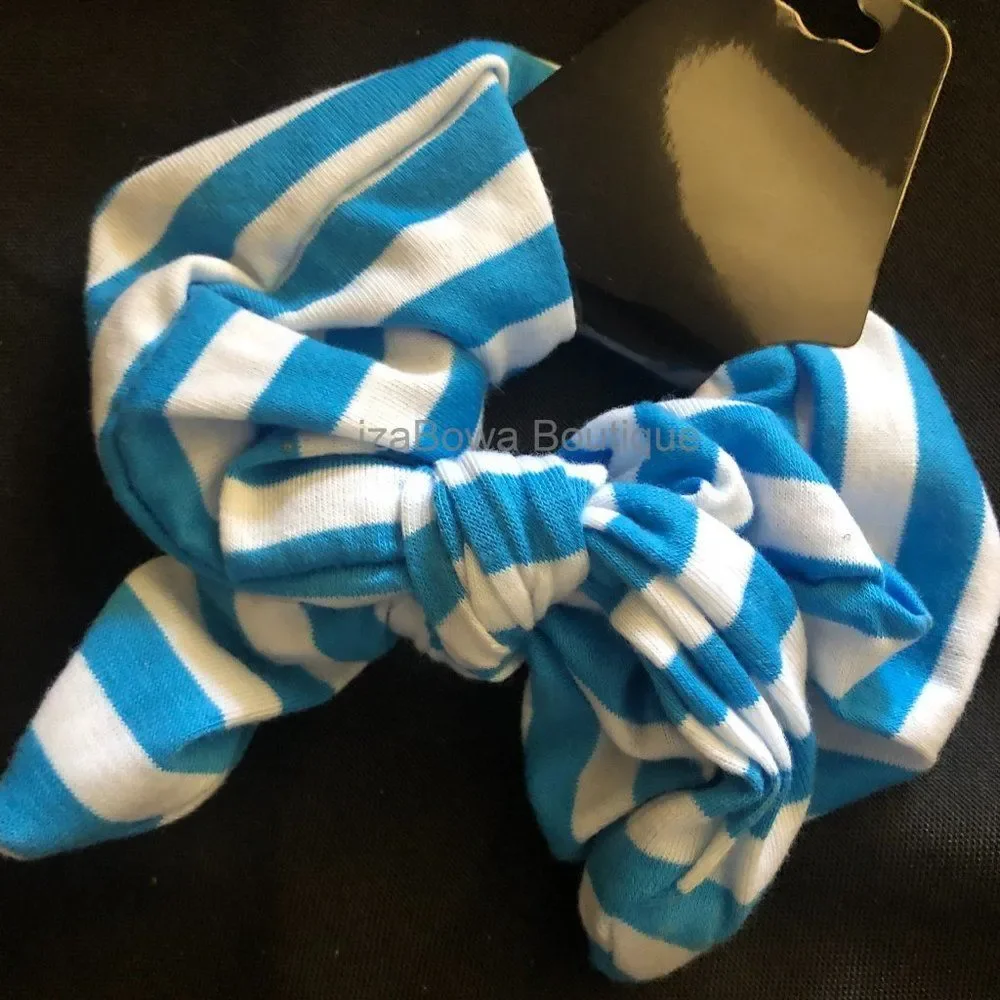 Aqua & White Stripe Bow Scrunchie  (kids)  SC2979  Handmade NWT Boutique